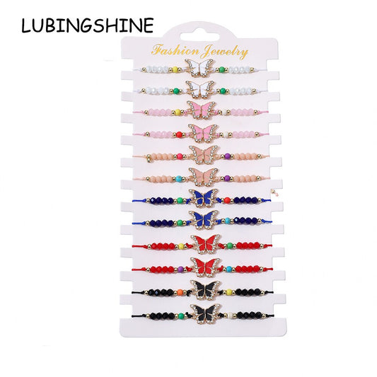 12pcs/lot Colorful Crystal Rhinestone Beads Butterfly Pendant Charm Bracelet for Girls Adjustable Anklet Kids Jewelry Wholesale