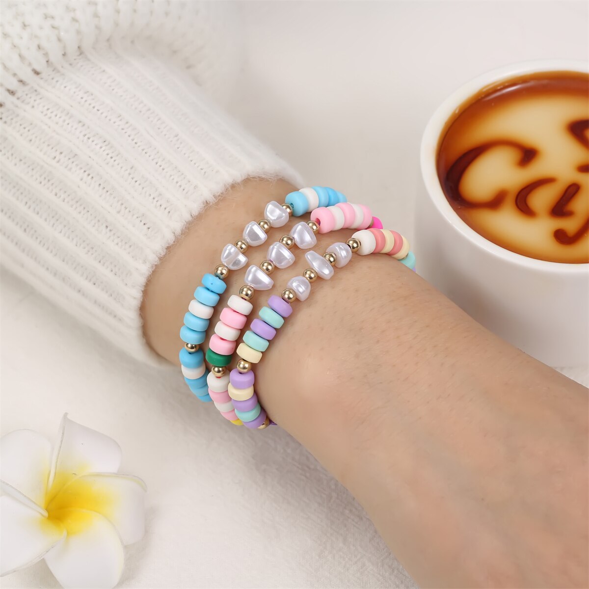 12Pcs/lot Bohemia Pearl Pendant Colorful Stackable Bracelet Soft Clay Pottery Friendship Bead Girl Bangle Wristband Jewelry