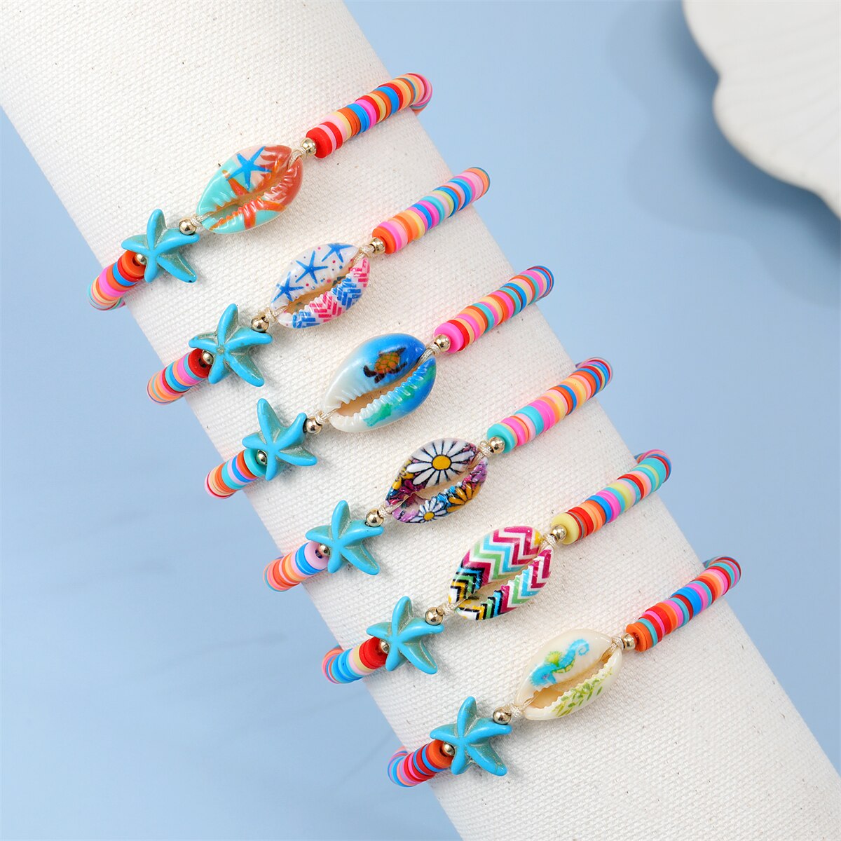 12 Pcs Beach Shell Starfish Pendant Bracelet Anklet for Women Summer Handmade Ankle Adjustable Clay Stackable Wholesale
