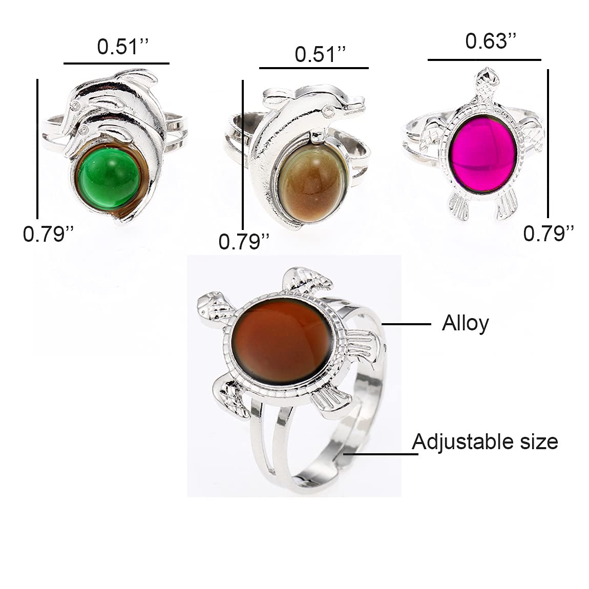 3Pcs/lot Animal Mood Ring Adjustable Size Turtle Dolphin Temperature Change Color Rings for Women Decoration Gifts
