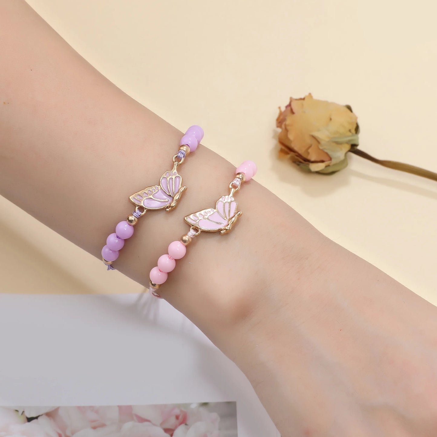 12pcs Color Painted Oil Butterfly Pendant Friendship Woven Bracelet for Women Men Adjustable Hand Woven Couple Jewelry