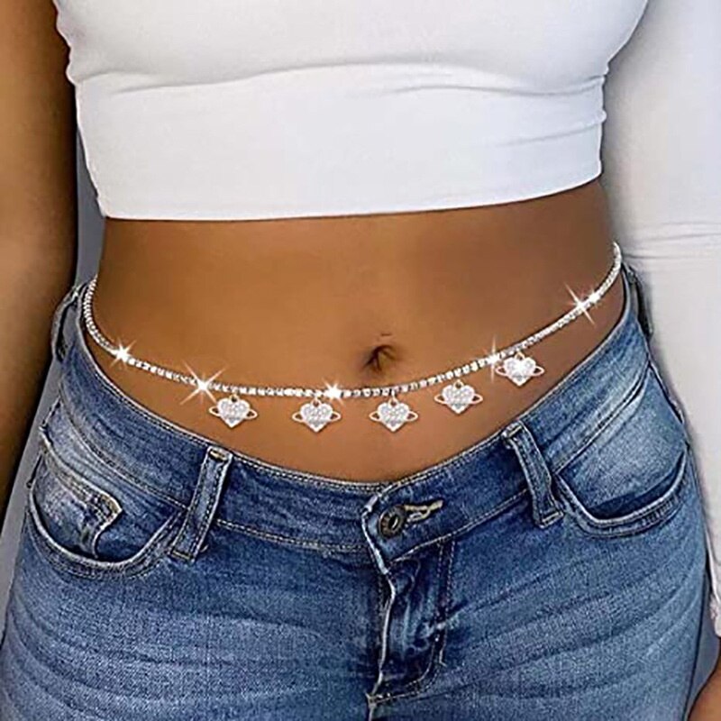 Luxury Shiny Crystal Peach Heart Belly Chains Sexy Fashion Cool Rhinestone Body Jewelry Summer Beach Waist Chain