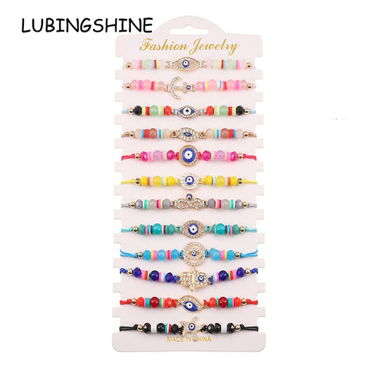 12pcs Evil Eye Starfish Star Pendant Braided Charms Bracelets for Women Adjustable Rope Chain Anklets Beach Handmade Jewelry