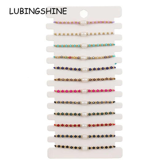 12pcs/set Bohemia Colored Rhinestone Rhinestone Bracelet Handmade Pearl Beaded Elastic Rope Bracelets for Women Ethnic Jewelry