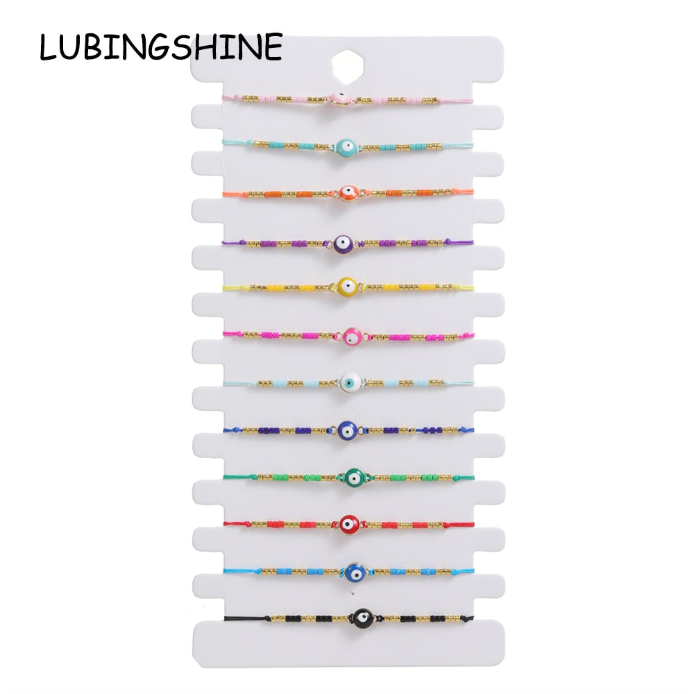 12pcs/lot Seed Beaded Evil Eye Charms Bracelets for Women Men Adjustable Handwoven Bracelet Anklets Jewelry