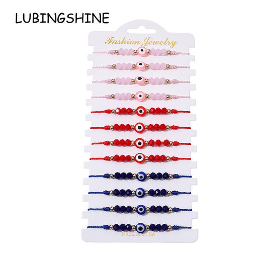 12pcs/lot Charms Knitted Bracelet for Women Adjustable Turkey Blue Evil Eye Crystal Beads Bracelets Anklet Jewelry Wholesale