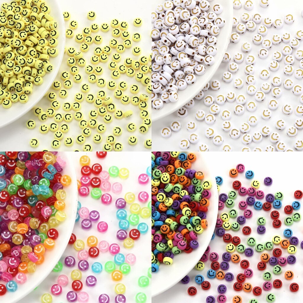 50 Pieces Flat Round Smiles Beads Handmade Lampwork Beads 7/8mm Charms Spacer Beads for Bracelets Necklace Jewelry Craft Making