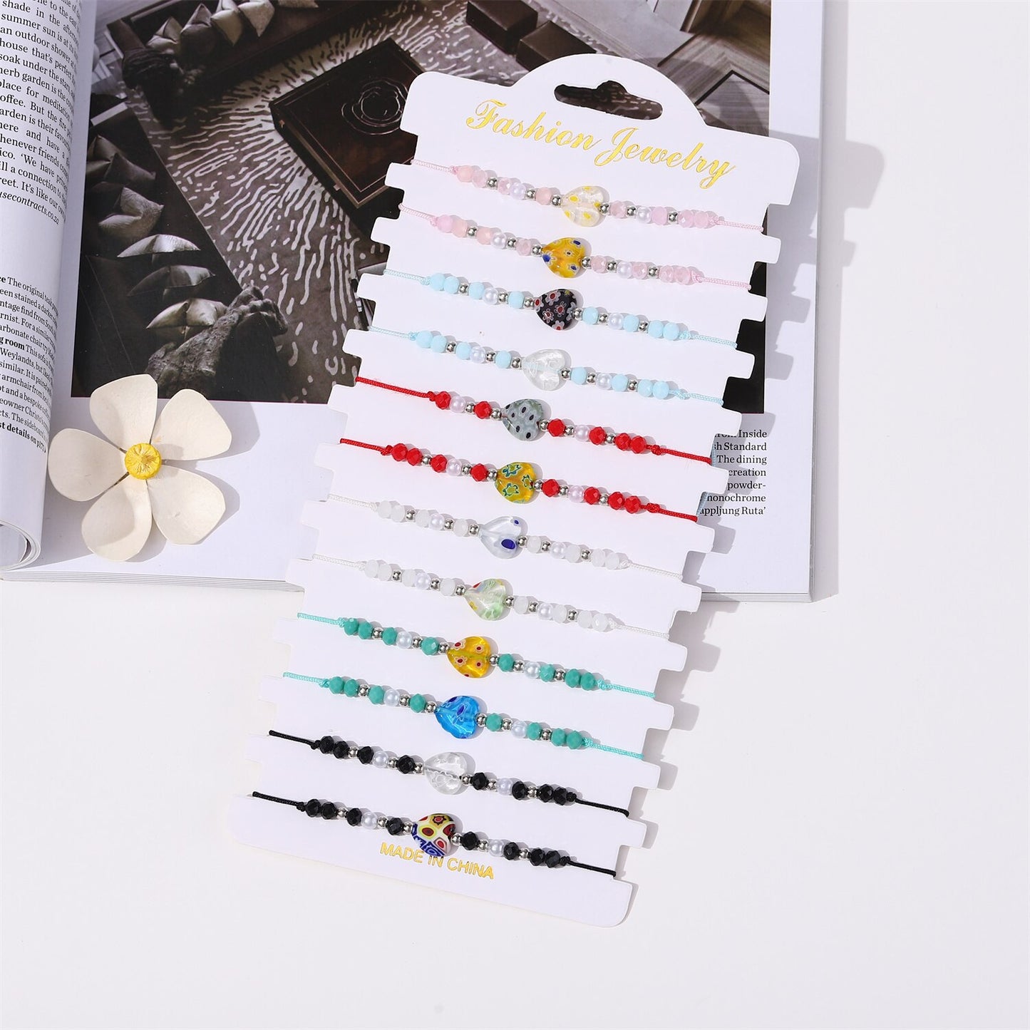 12 Pieces Crystal Seed Beads Heart Pendant Bracelet for Women Men Adjustable Summer Surf Anklet Jewelry Mixed Colors Wholesale