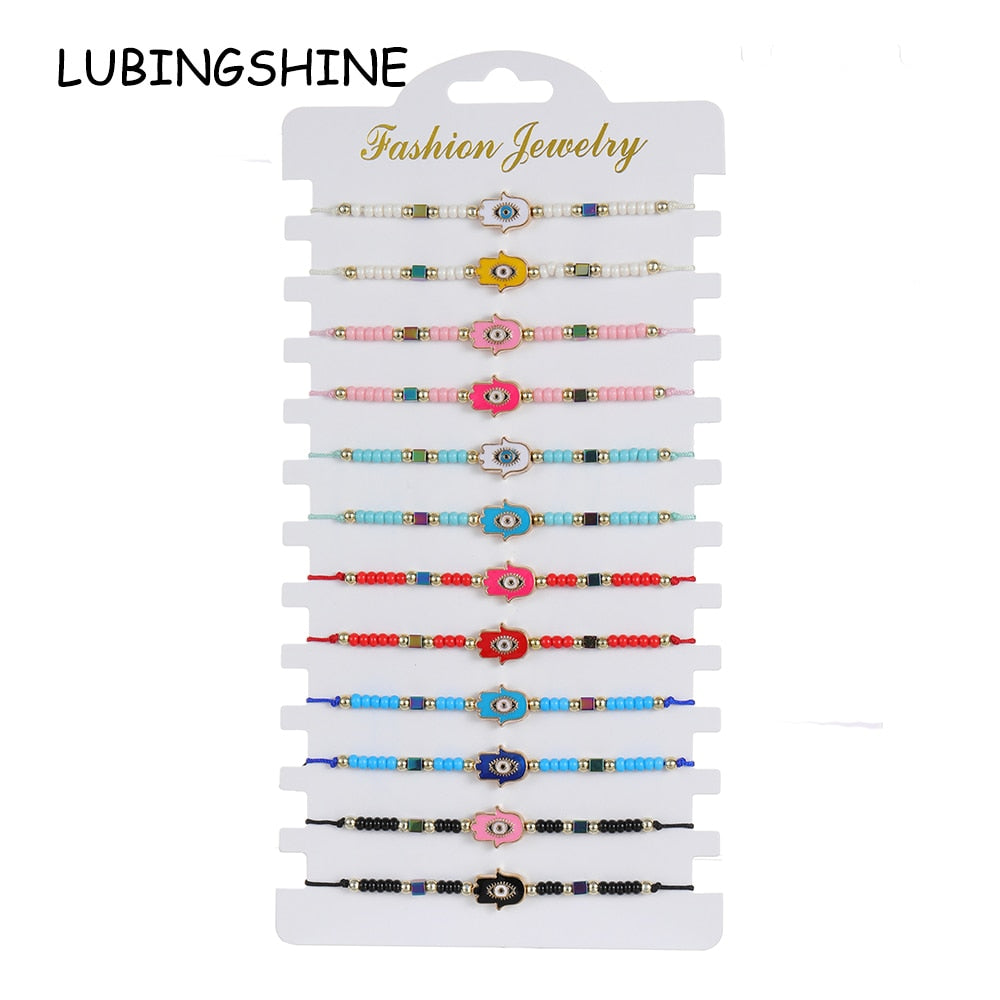 12pcs Color Oil Painting Fatima Hand Evil Eye Braided Bracelets for Women Child Adjustable Rope Chain Anklets Handmade Jewelry
