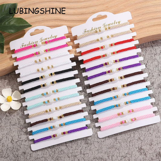 Bohemia 12pcs/lot Wide Wax Rope Braided Adjustable Twist Knotted Rope String Anklet Bracelet Set for Women Men Handmade Jewelry