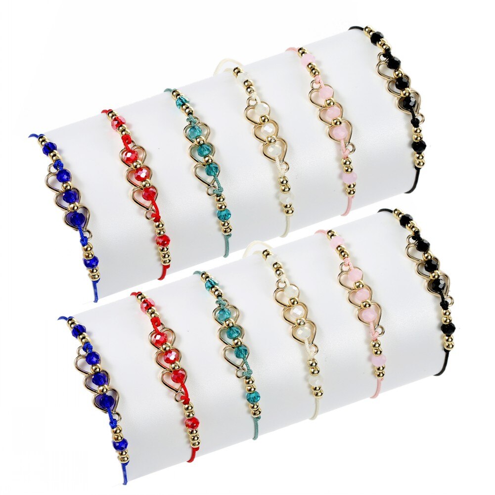 12pcs Crystal Beads Hollow Heart Bracelets for Women Girls Woven Rope Braided Bangle Child Fashion Jewelry Gifts