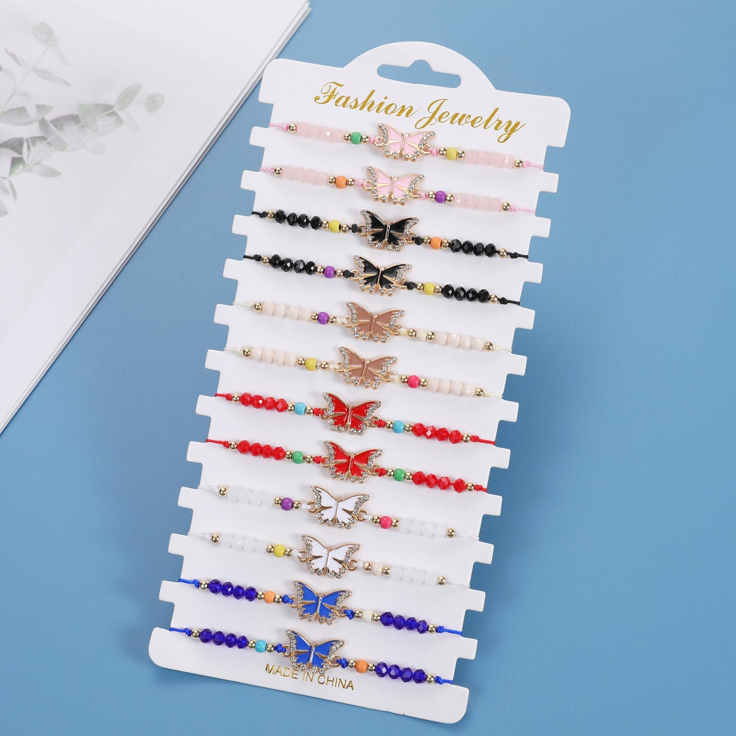 12pcs/lot Fashion Colorful Crystal Beads Butterfly Pendant Braided Bracelet Set Women Girls Adjustable Rope Yoga Anklet Jewelry