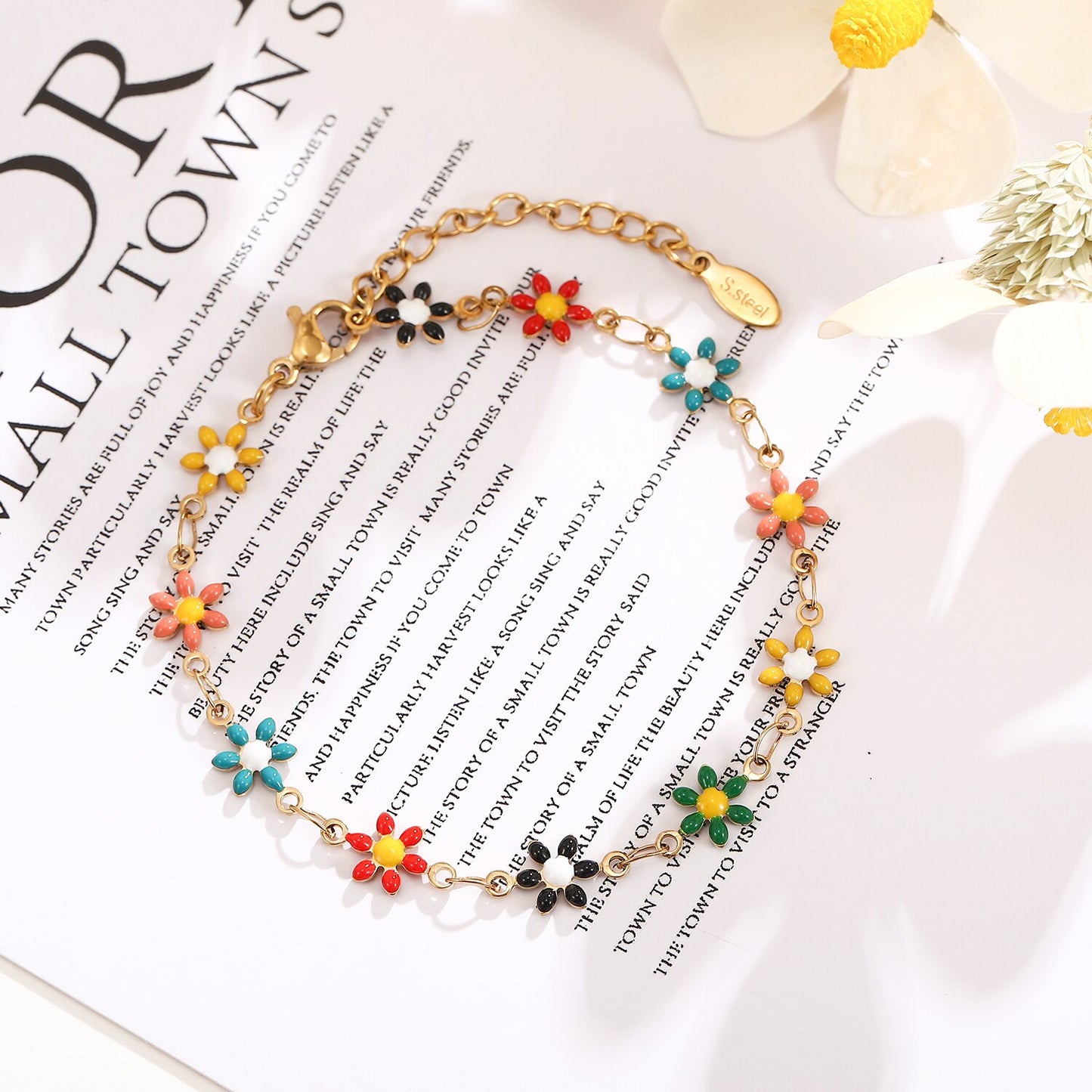 Women Stainless Steel Oil Drip Colorful Sunflower Pendant Bracelet Trendy Steel Titanium Minimalist Flower Bangle Anklet Jewelry