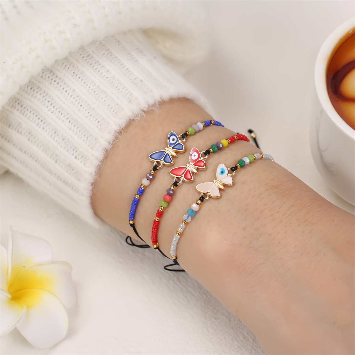 12pcs/lot Women Colorful Crystal Beads Butterfly Pendant Charms Bracelets Child Braided Adjustable Rope Chain Anklets Jewelry