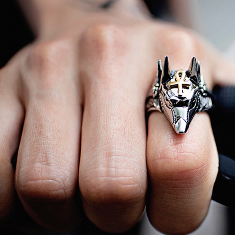 Women Men Punk Anubis Egyptian Cross Beast Finger Ring Stainless Steel Vintage Wolf Knuckle Rings Fashion Jewelry Gift Anel