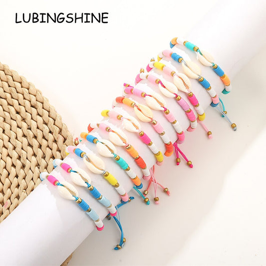 Boho 12pcs/lot Women Shells Pendant Charms Bracelets Set Clay Braided Adjustable Rope Chain Anklet Jewelry Wholesale
