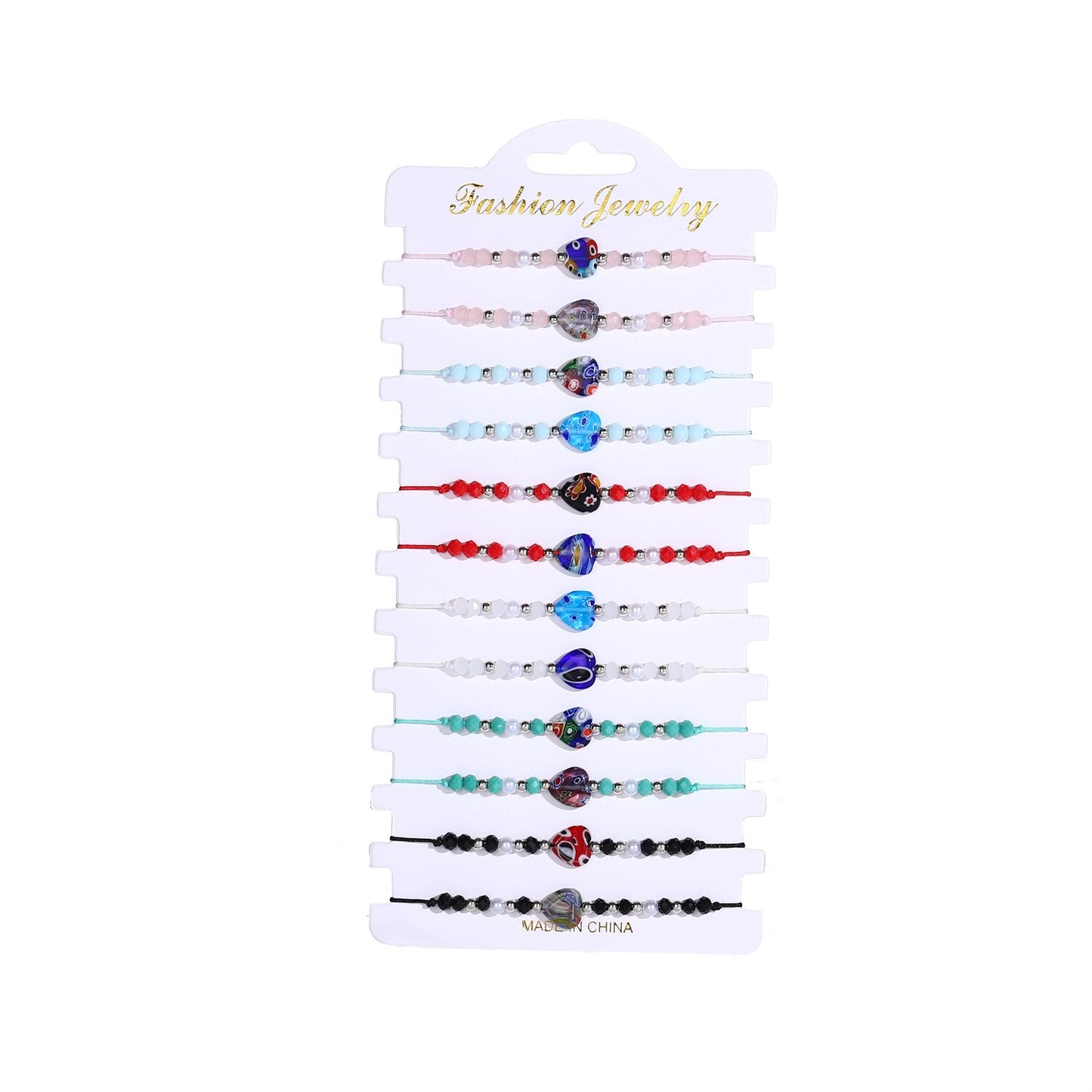 12 Pieces Crystal Seed Beads Heart Pendant Bracelet for Women Men Adjustable Summer Surf Anklet Jewelry Mixed Colors Wholesale