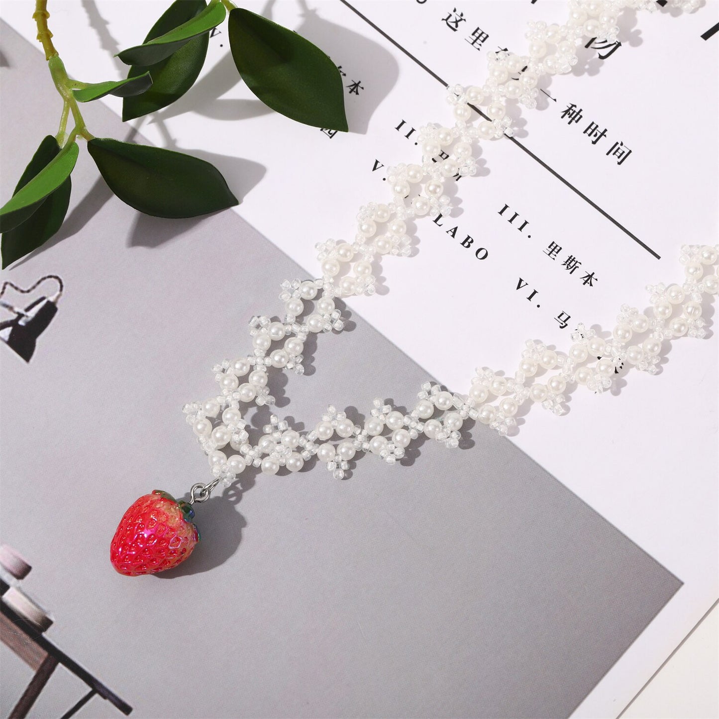 Fashion Red Cherry Strawberry Pendant Pearl Chain Women's Necklace Choker Charm Metal Sweater Chain Women Resin Jewelry Gift