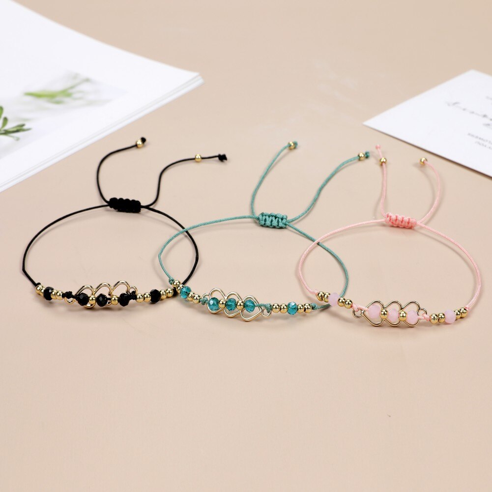 12pcs Crystal Beads Hollow Heart Bracelets for Women Girls Woven Rope Braided Bangle Child Fashion Jewelry Gifts