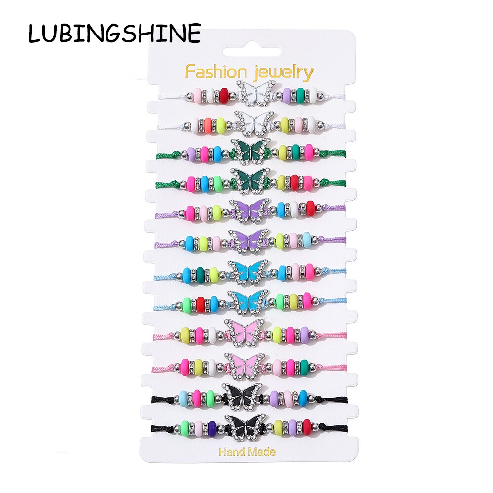 Boho Women 12pcs/Set Butterfly Pendant Charms Bracelet Candy Beaded Weave Adjustable Rope Chain Wristband Jewelry
