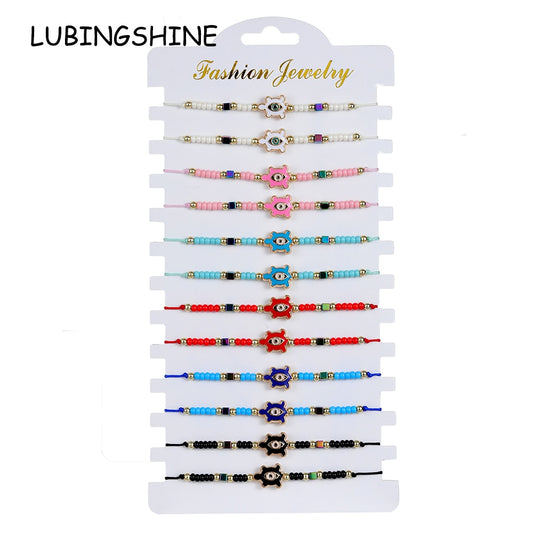 12pcs/Set Handmade Braid Rope Chain Bracelet Oil Painting Turtle Charms Seed Beads Bracelets for Women Fashion Jewelry