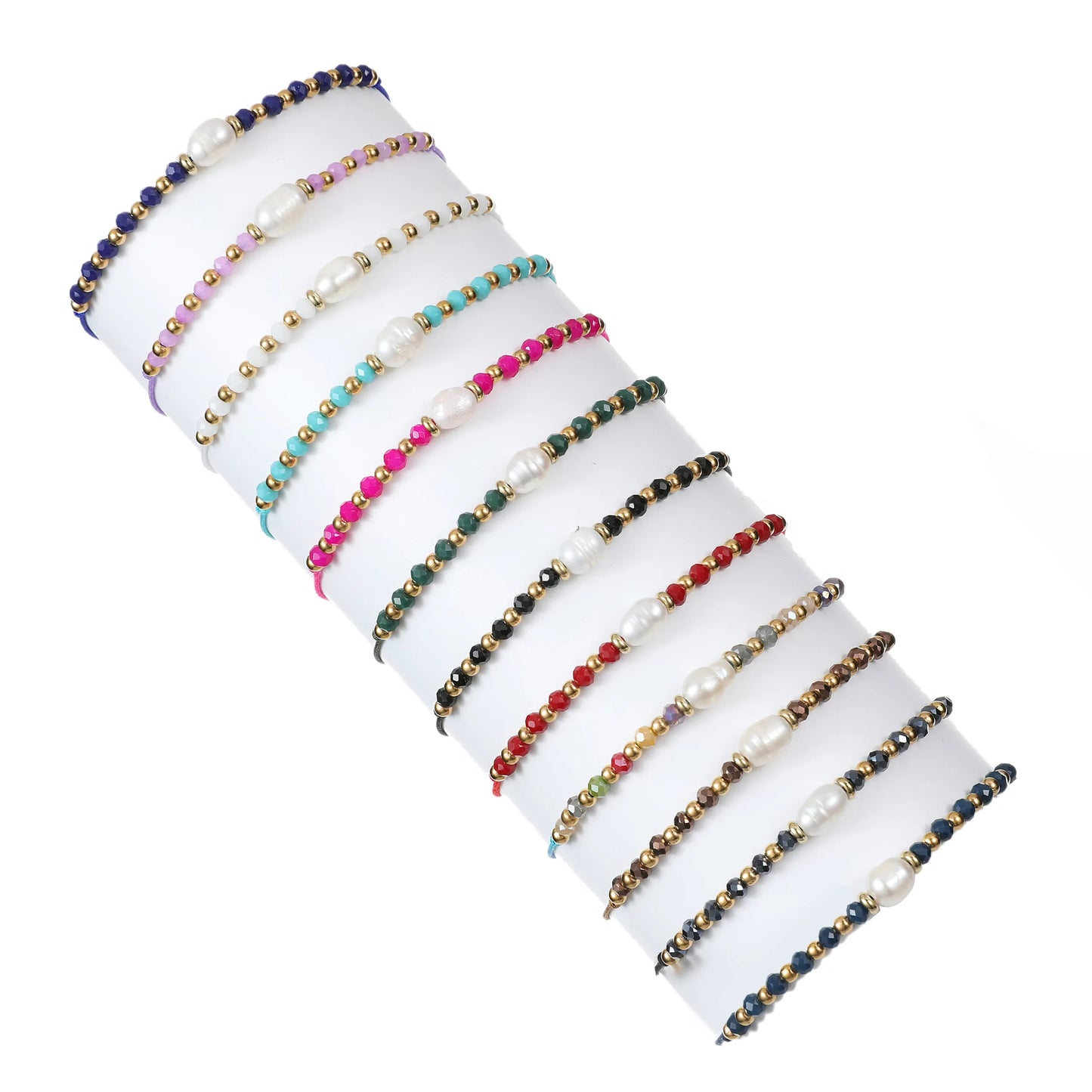 12pcs/set Bohemia Colored Rhinestone Rhinestone Bracelet Handmade Pearl Beaded Elastic Rope Bracelets for Women Ethnic Jewelry