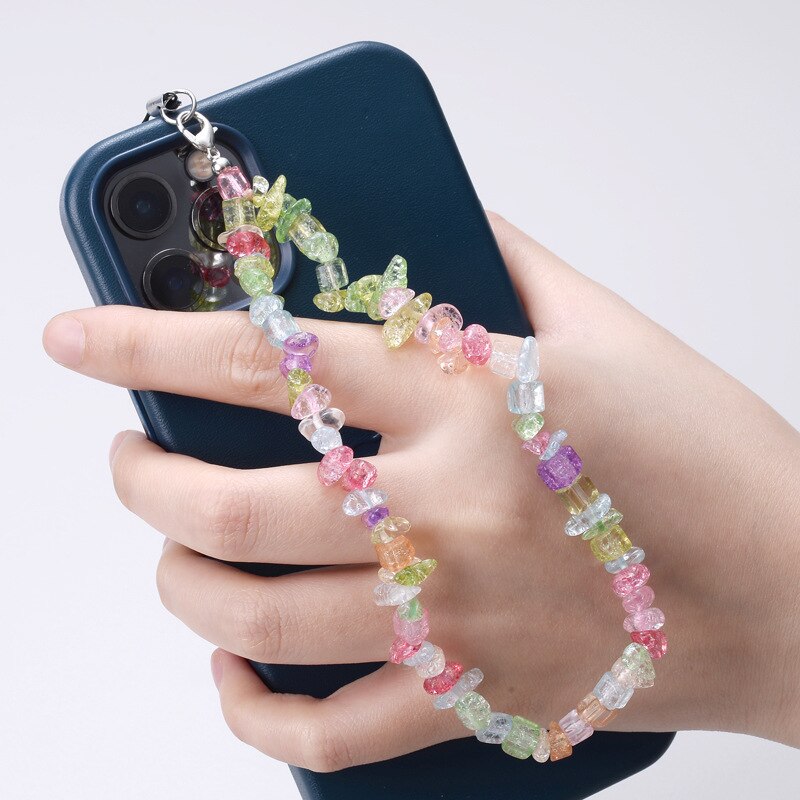 Colored Natural Stone Crushed Quartz Stone Chain Mobile Phone Chain Anti-lost Handmade Acrylic Cord Lanyard for Women Girls