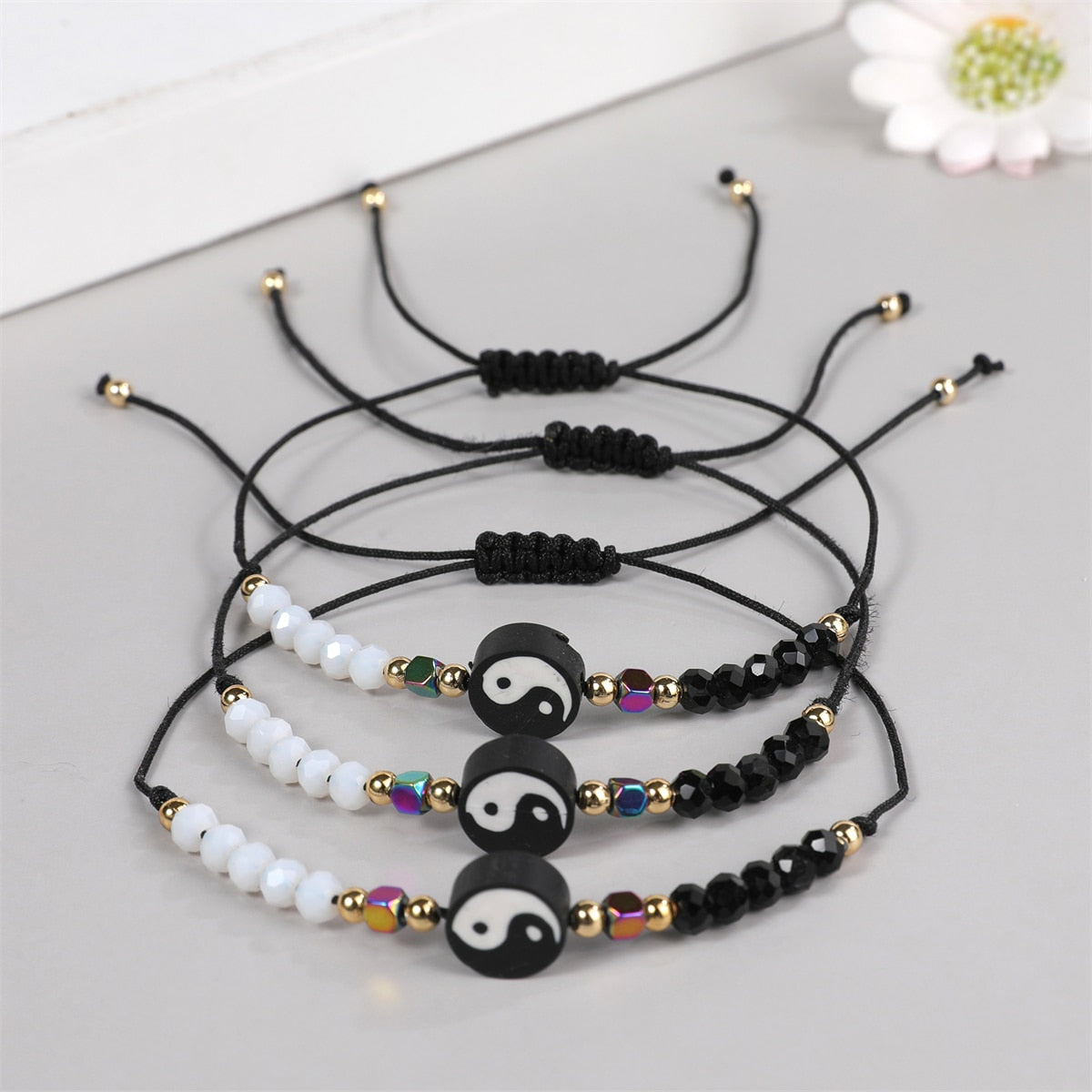 12pcs/lot Yin and Yang Tai Chi Clay Pendant Black/White Adjustable Wax Cord Beads Men Women Couple Bracelet Anklet Gift
