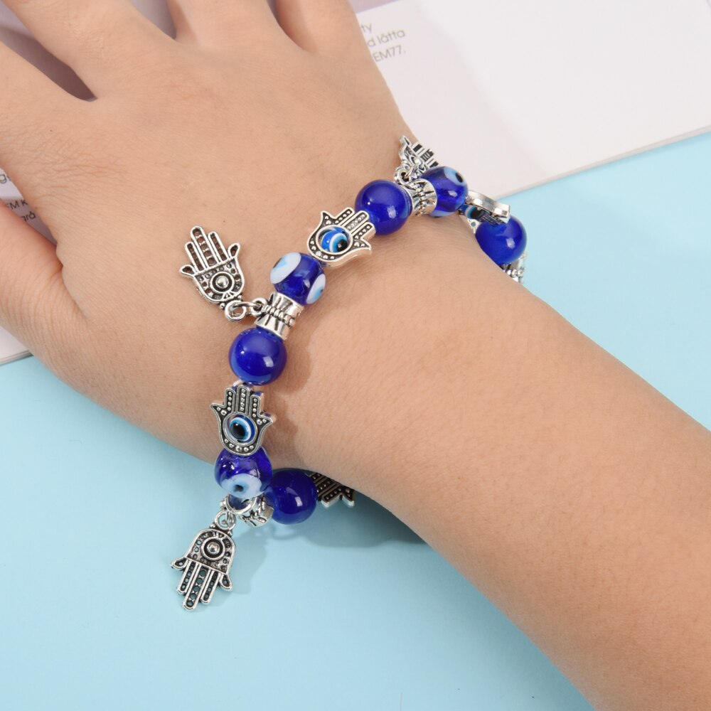 Turkish Evil Eye Charms Bracelet Fatima Hand Beaded Bracelets for Women Men Boys&girls Yoga Amulet Jewelry Bring You Good Luck