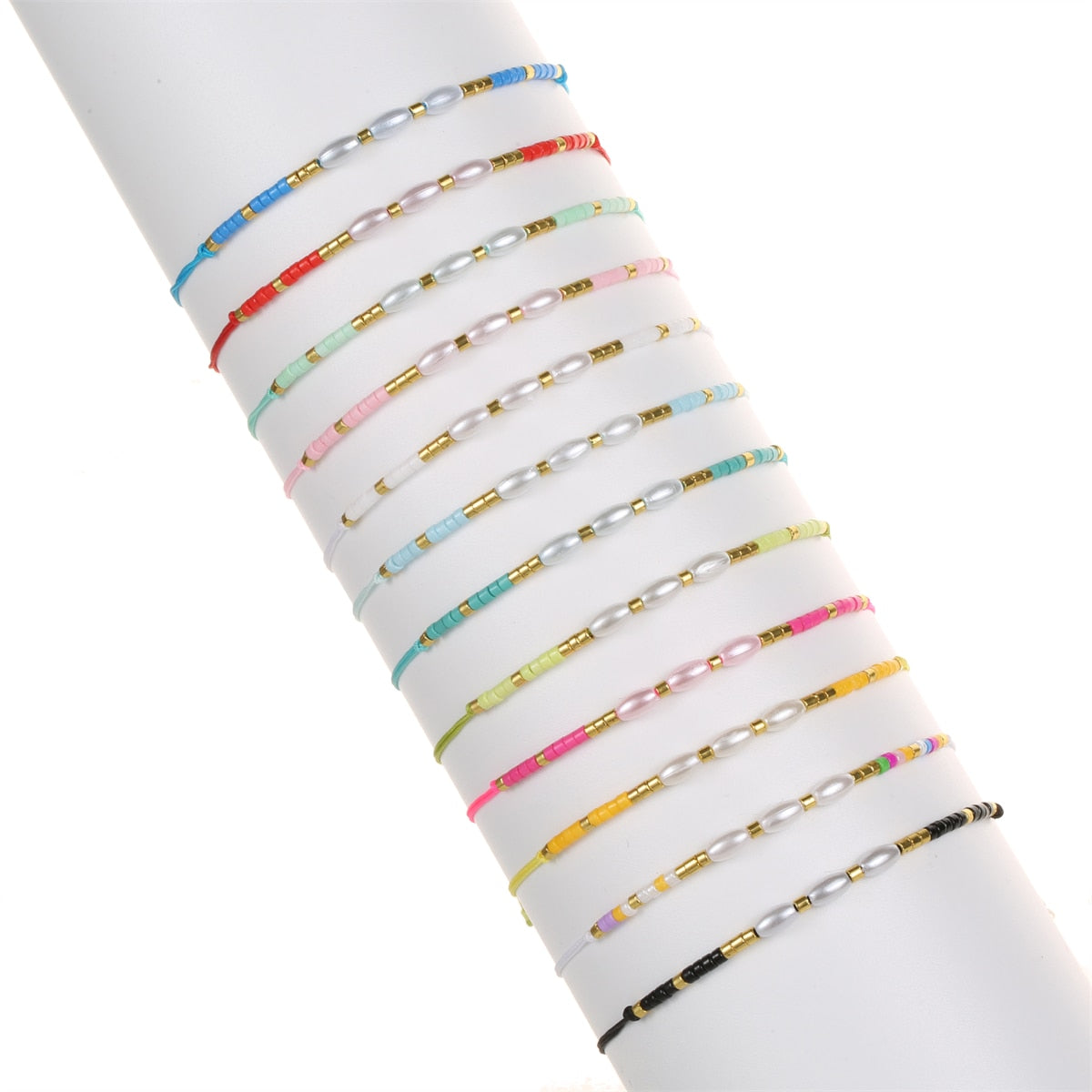 Boho 12pcs Seeds Bead Pearl Bracelet for Women Men Summer Surf Anklet Adjustable Hand Braided Wax Rope Chain Bracelets