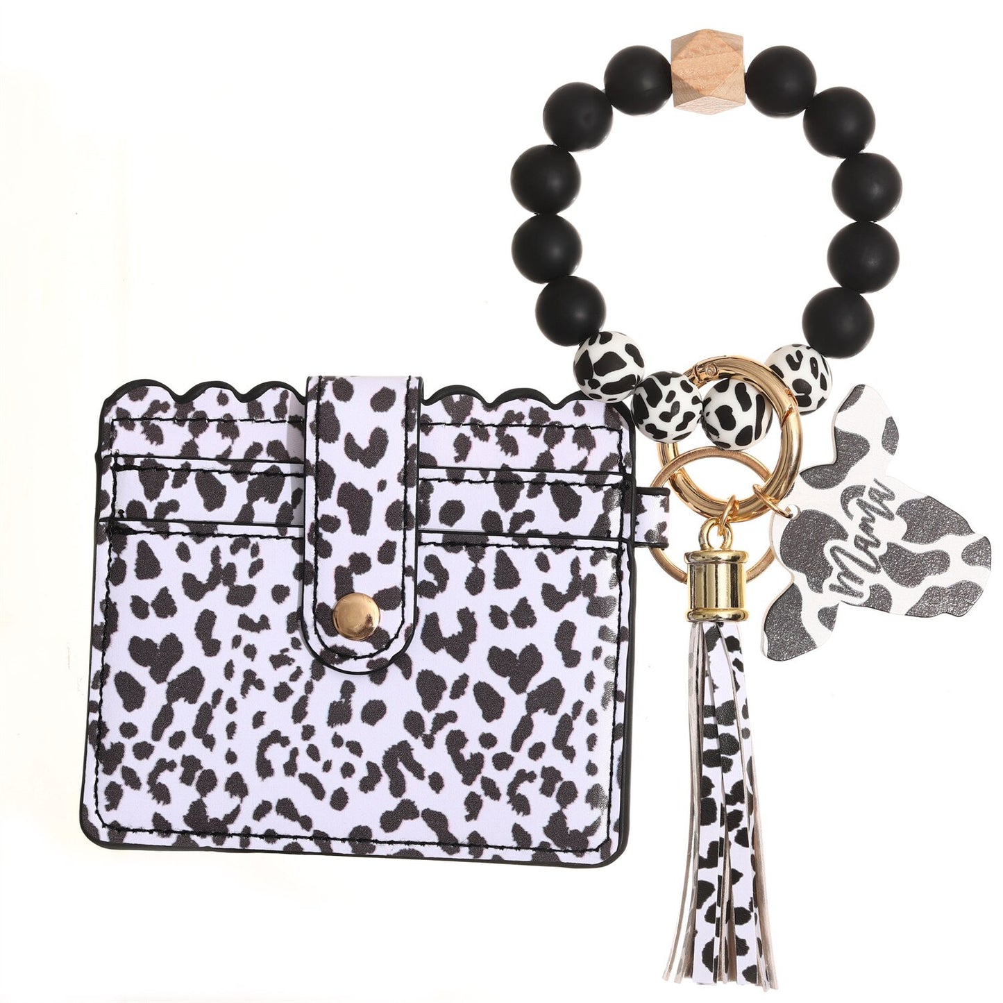 Fashion Silicone Beads Tassel Bracelet Wristlet Bangle with Leopard Print Wallet Key Card Holder Large Round Keyring for Women