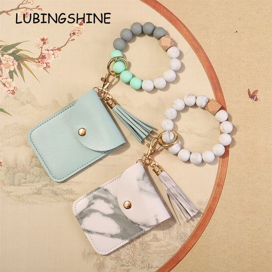 2023 New Silicone Beads Tassel Bracelet Wristlet Bangle with Wallet Key Card Holder Large Round Keyring for Women Handbag