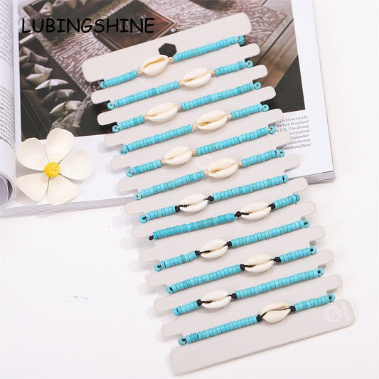 12pcs/set Green Beads Shell Charms Bracelets for Women Handmade Braided Rope Bracelets Set Fashion Summer Beach Jewelry Gift