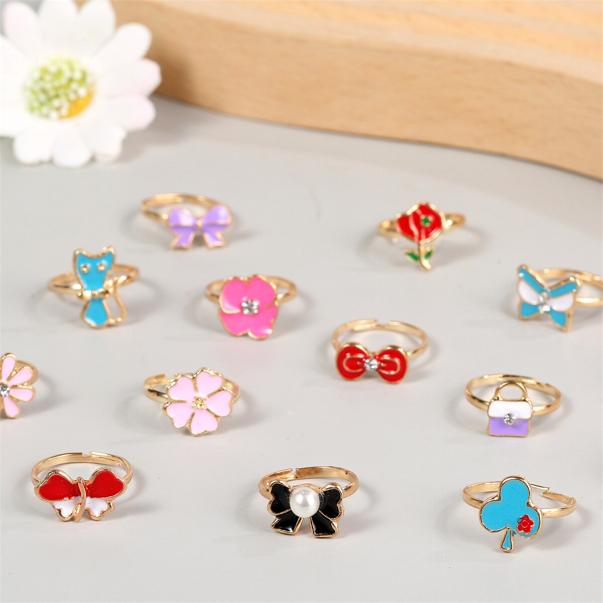 36 PCS/set Adjustable Kids Rings Jewelry Butterfly Rabbit Animal Crystal Open Finger Ring for Children Girls Birthday Party Gift
