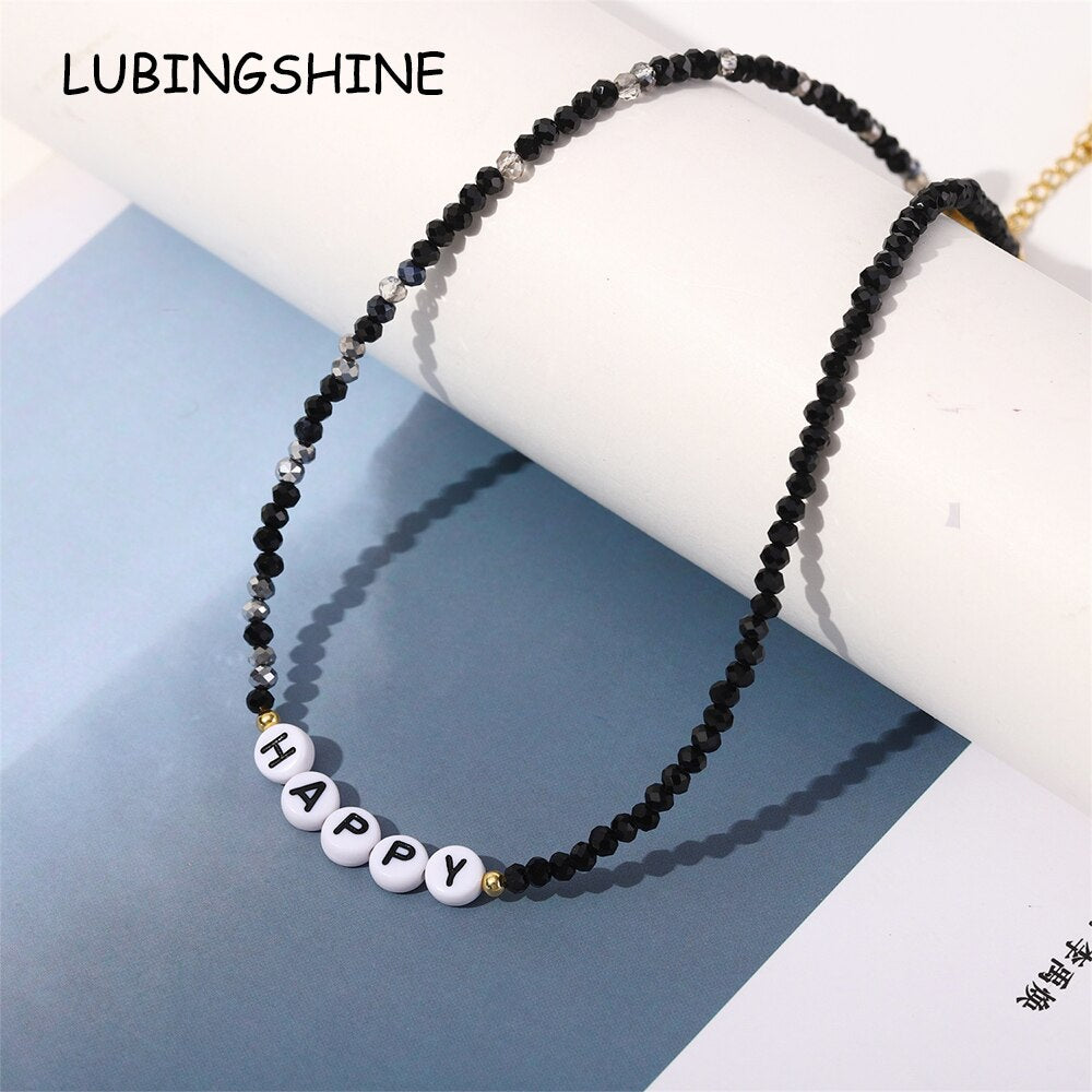 Fashion Crystal Beads Letter HAPPY Necklace for Women Simple Alphabet  Beaded Chokers Jewelry Accessories