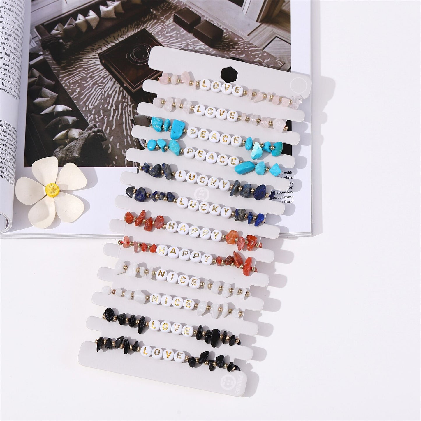 12Pcs Natural Gemstone Bracelets Chakra Crystal Healing Irregular Chips Beads Stretch Bracelets for Women Summer Alphabet Anklet