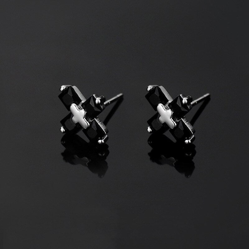 Trendy Cross Rhinestone Earrings Trendy Male Personality Cold Style Single Earrings Simple Boys Black Zircon Earrings Jewelry