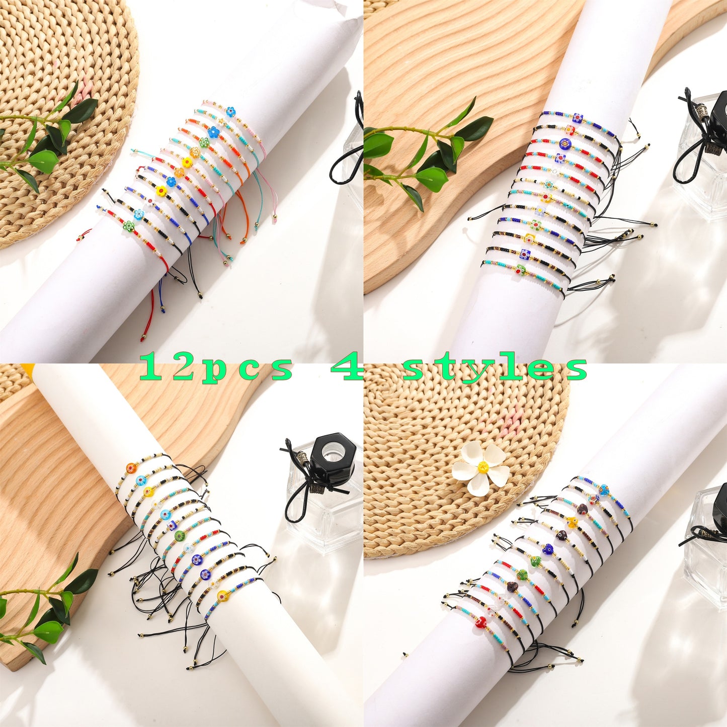 12pcs/lot Cute Flowers Bracelet Crystal Seed Bead Couple Braided Adjustable Rope Chain Bracelets for Women Friendship Jewelry