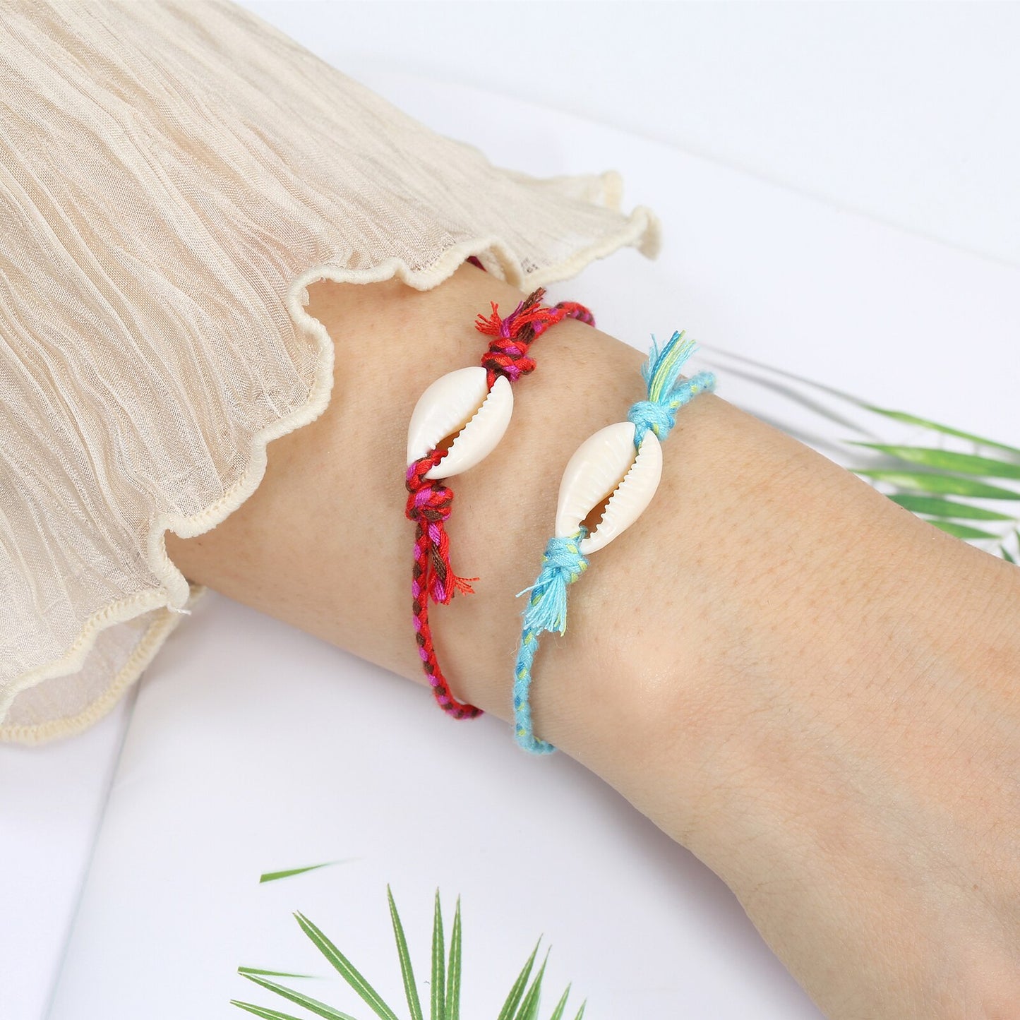 12Pcs Beach Shell Bracelets Anklets Set for Women Girls Summer Handmade Braided Thick Rope Tassel Chain Jewelry Wholesale
