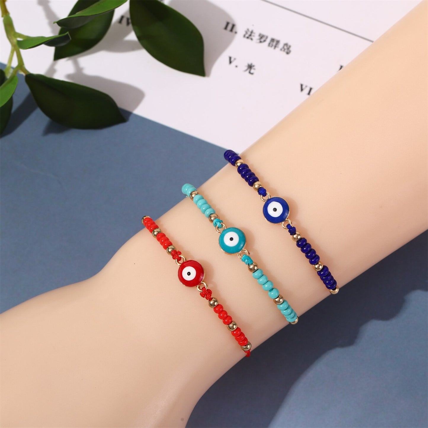 12pcs/lot Metal Dripping Oil Evil Eye Beads Charms Bracelet for Women Adjustable Woven Crystal Chain Summer Anklet Jewelry