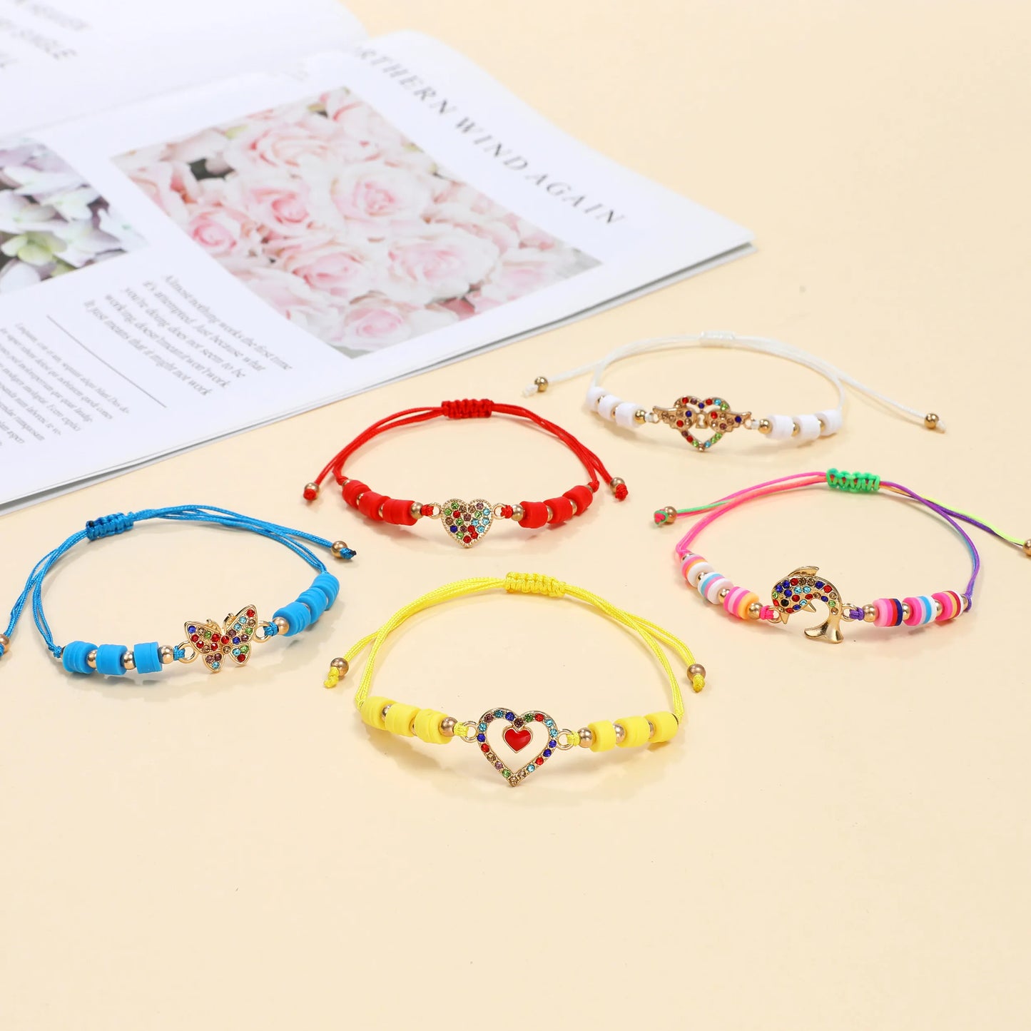 Women 12pcs Butterfly Dragonfly Love Dolphin Pendant Bracelet Colored Crystal Inlaid Adjustable Couple Bracelets Anklets Gift