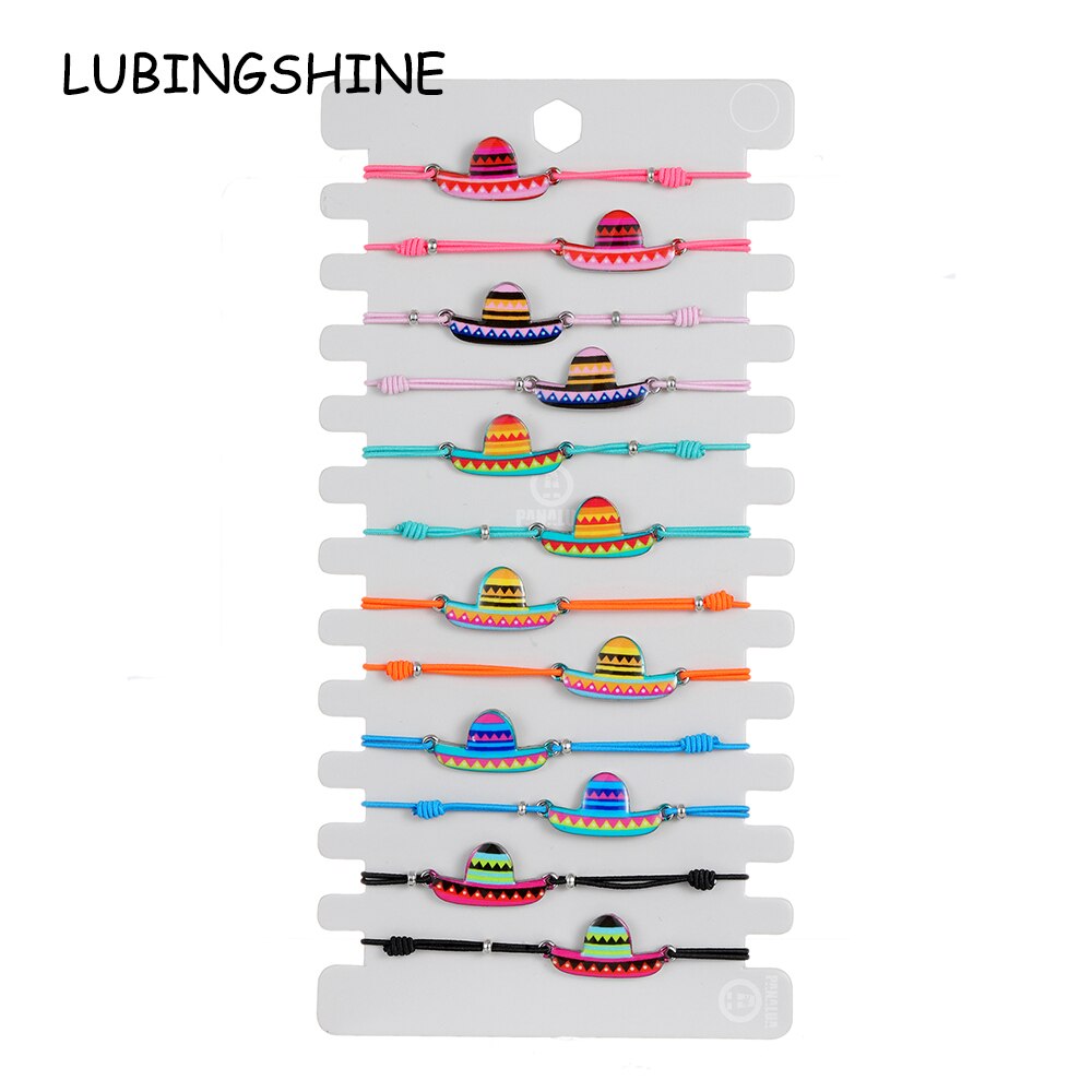12Pcs Cute Colorful Oil Painting Straw Hat Charm Bracelet for Girl Kids Handmade Bead Braided Chain Friendship BFF Gift