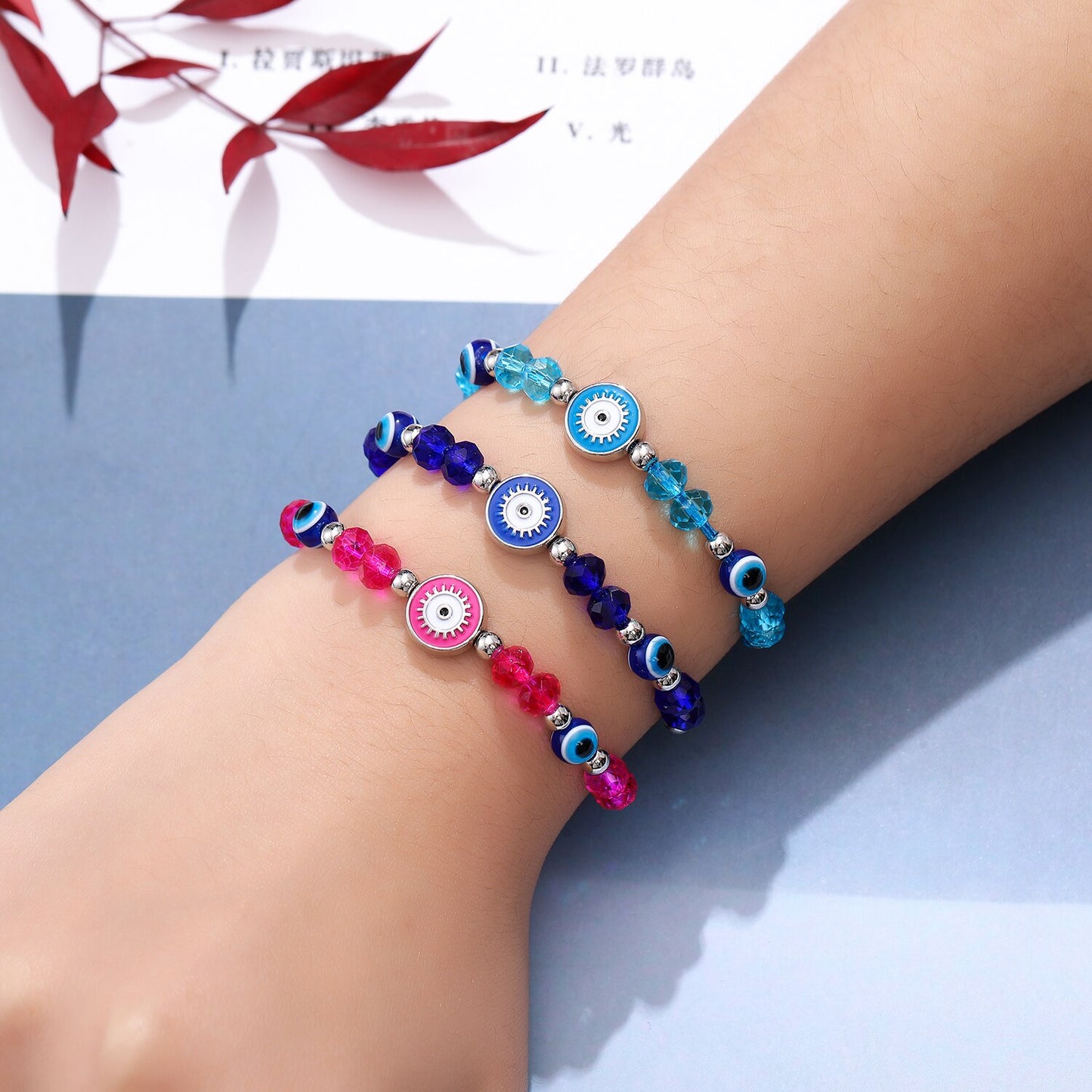12 Pieces Colorful Crystal Evil Eye Beaded Charms Bracelets for Women Adjustable Beads Anklets Child Girl Wristband Cuff Jewelry