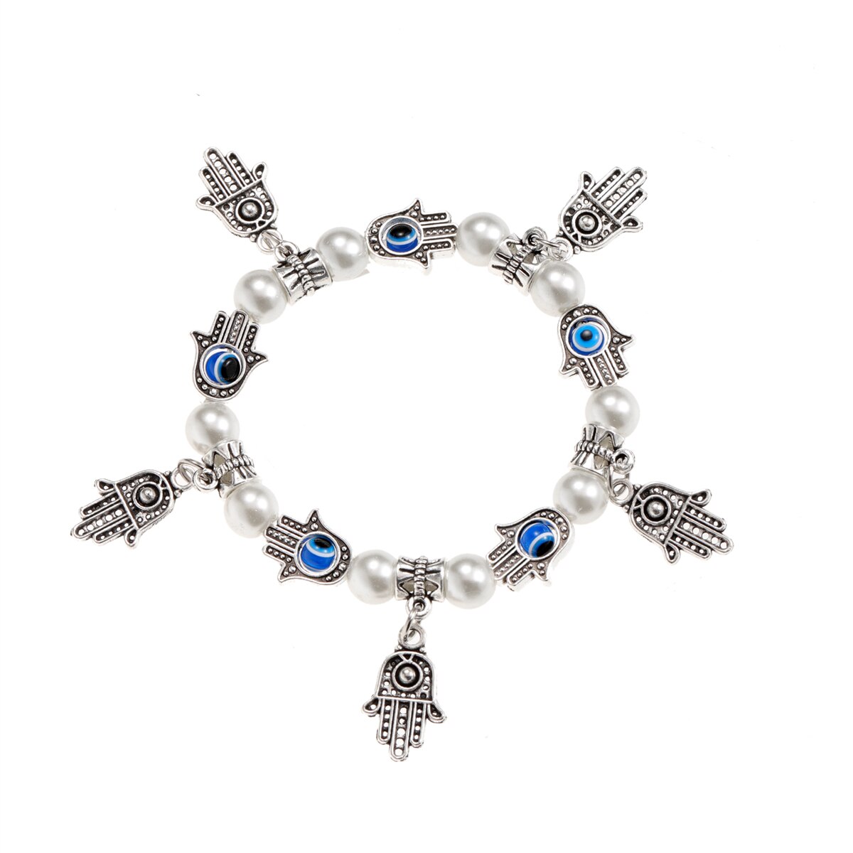 Fashion Blue Turkey Evil Eye Fatima Hand Beaded Charms Bracele for Women Men Pearls Chain Elastic Yoga Party Jewelry