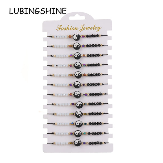 12pcs/lot Yin and Yang Tai Chi Clay Pendant Black/White Adjustable Wax Cord Beads Men Women Couple Bracelet Anklet Gift