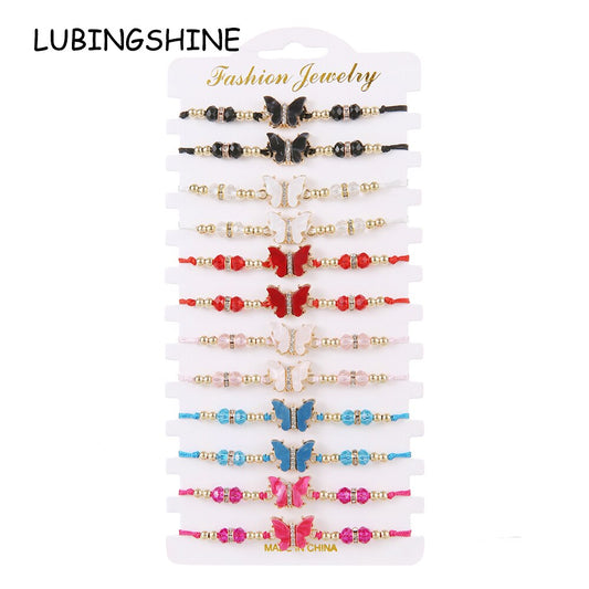 Bohemia Butterfly Crystal Woven Bracelet Set Colorful Rhinestone Adjustable Rope Ankle Bracelets for Women Jewelry