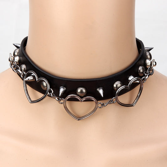 Punk Heart Pendant Leather Choker Collar for Women Girl Studded Punk Silver Color Chain Harajuku Collars Sexy Jewelry