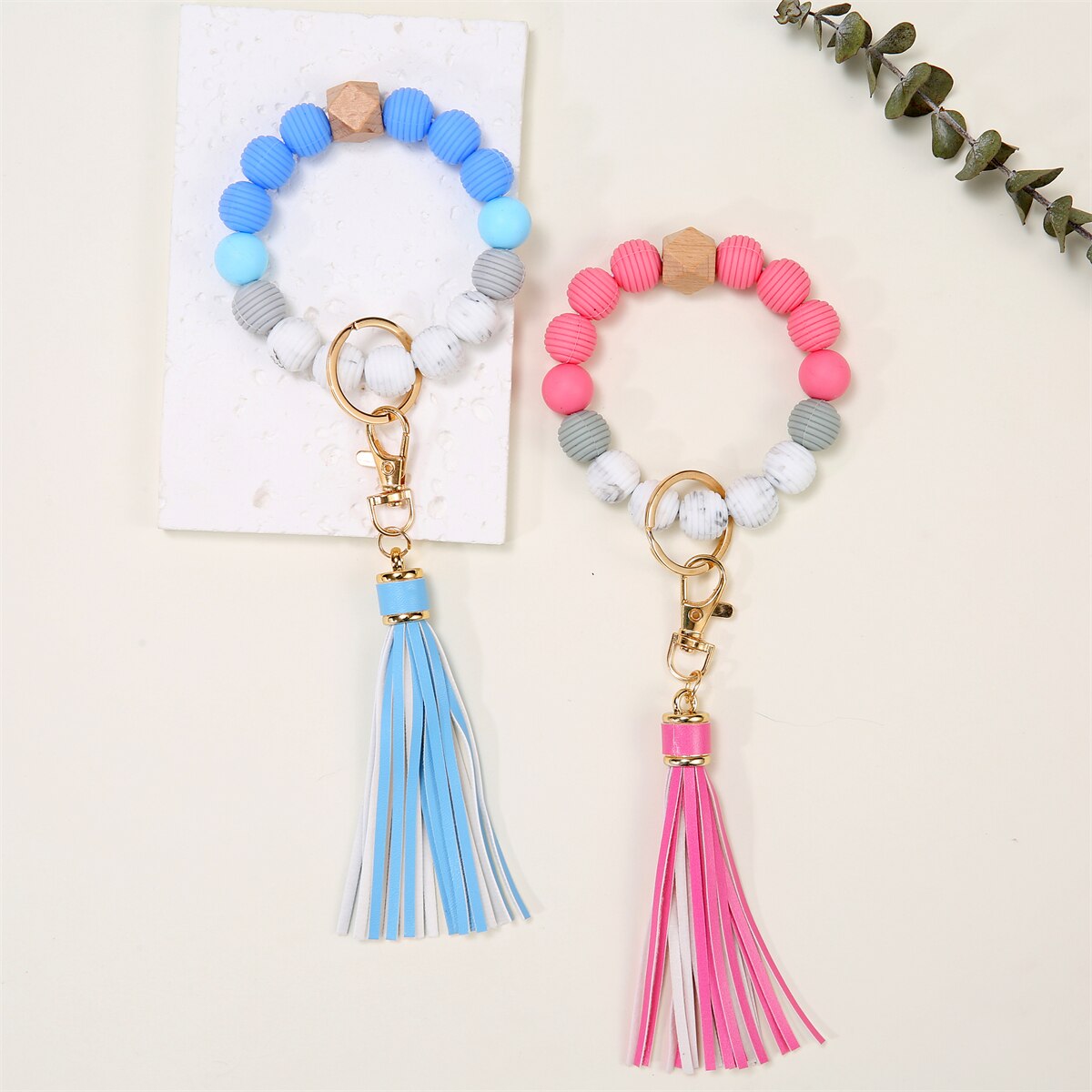 Silicone Key Ring Bracelet Wristlet Keychain Unique Beaded Bangle Key Chains for Women with Leather Tassel