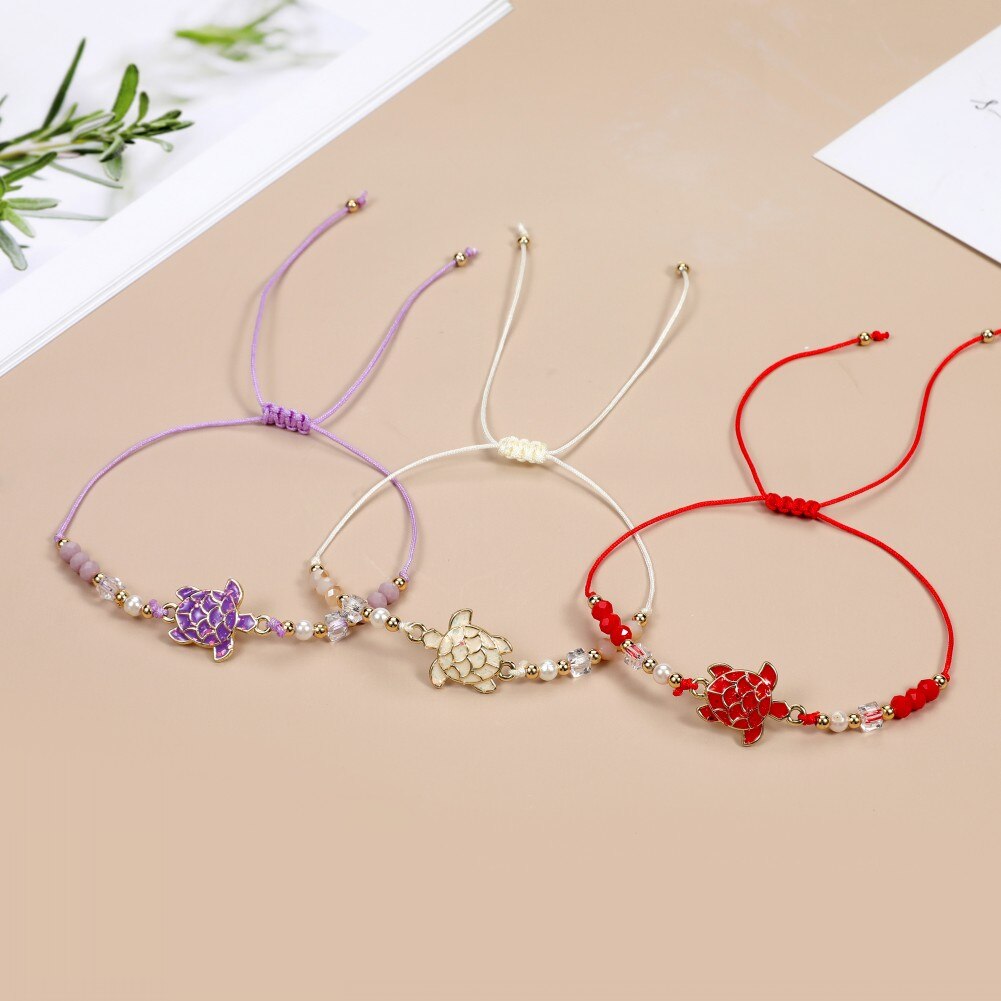 12pcs Bohemian Crystal Beaded Turtle Charms Bracelet  Adjustable Rope Chain Bracelet for Women Girls Cuff Jewelry