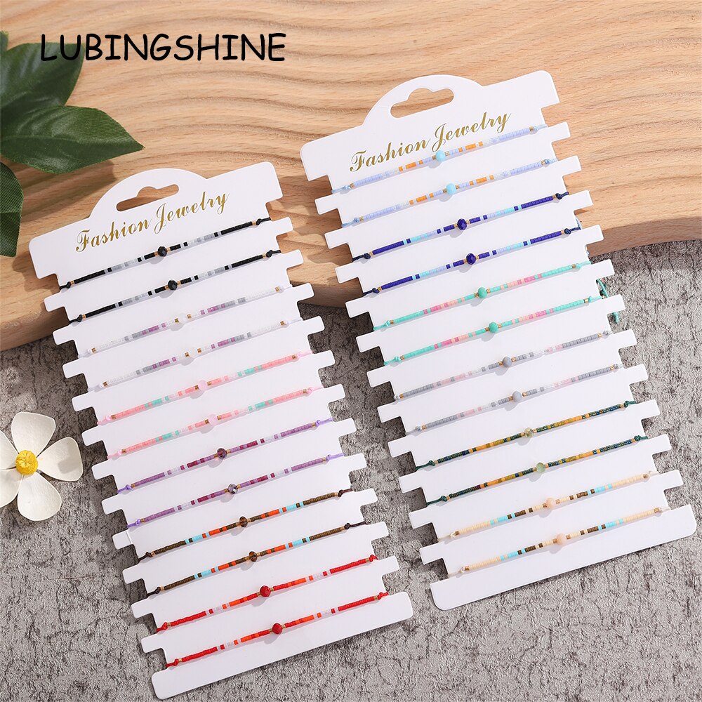 12 Pieces Colorful Crystal Seed Beads Charms Bracelet for Women Men Adjustable Summer Surf Waterproof Anklet Jewelry Wholesale